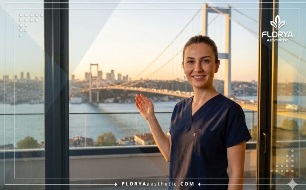 Friendly aesthetic doctor in Istanbul standing before the Bosphorus Bridge