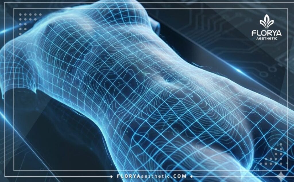 Digital 3D mesh analysis of the female torso for precise body sculpting planning.