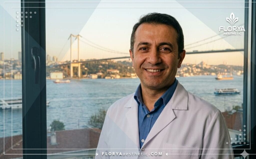 Cirujano amable invitando a Estambul con vista panorámica de la ciudad