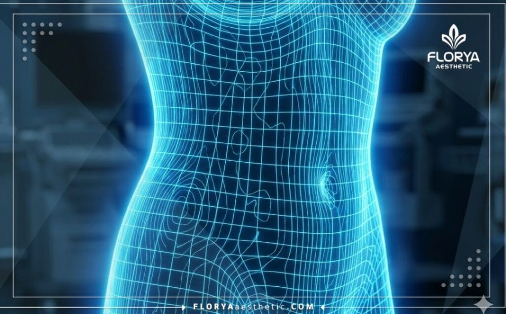 Digital 3D topographic mesh scan highlighting the body sculpting treatment area.