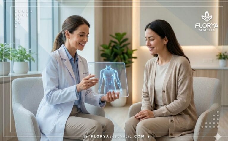 Médecin discutant d'une Expérience Liposuccion 360 avec un patient sur tablette