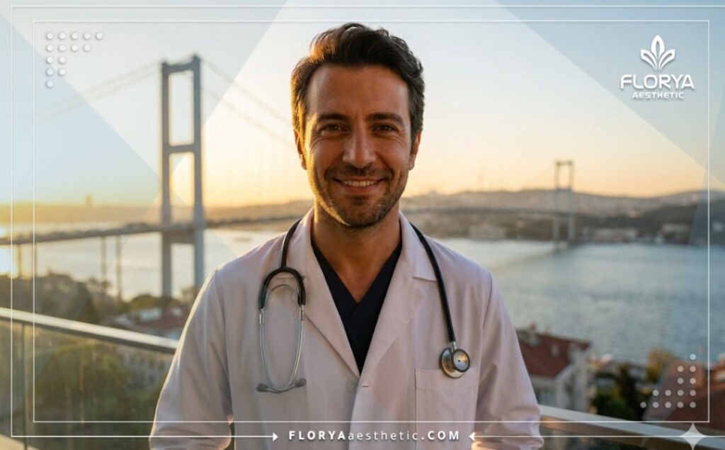 Приветливый доктор в Стамбуле на фоне моста через Босфор