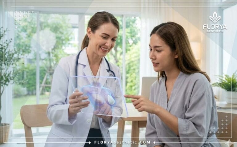 Doctor planificando una Mastopexia con Prótesis en una tablet digital