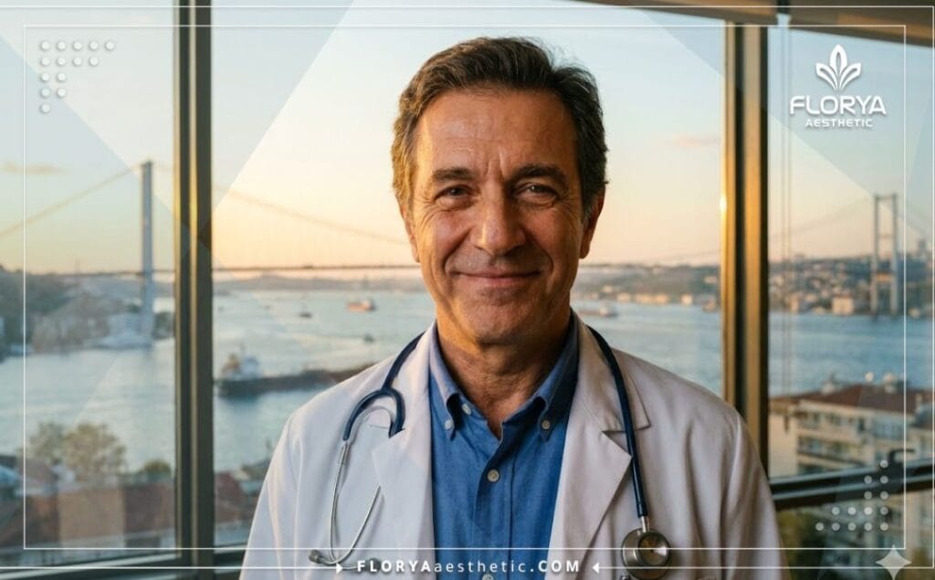 Chirurgien esthétique souriant accueillant un patient avec la tour Galata à Istanbul en arrière-plan