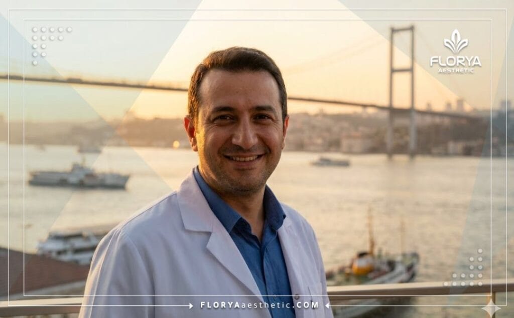 Приветливый доктор в Стамбуле на фоне Босфора приглашает пациентов.