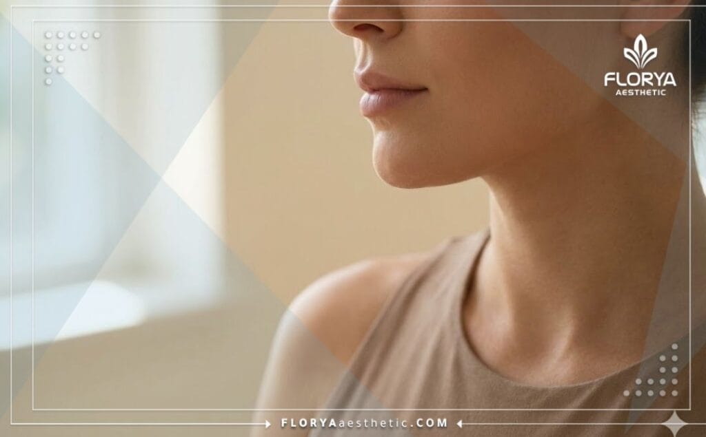 Close-up of a sculpted jawline showing the perfect result of chin liposuction.