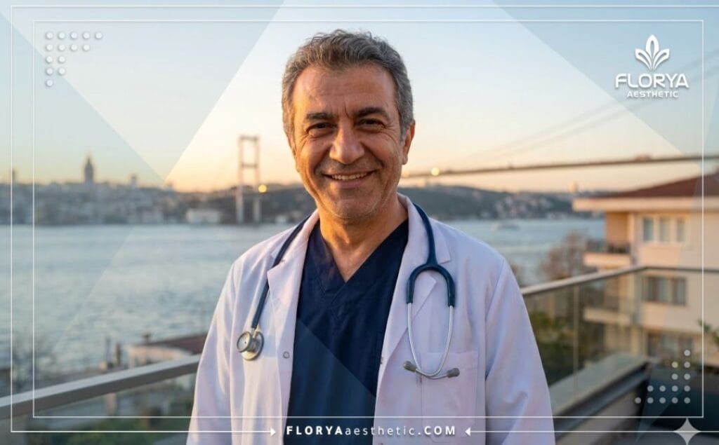 Friendly doctor in Istanbul inviting patients for double chin treatment.