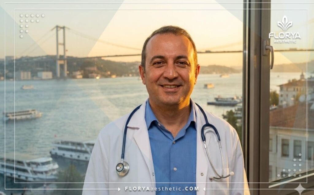 دكتور تجميل مبتسم يرحب بالمرضى في إسطنبول مع خلفية جسر البوسفور الشهير.