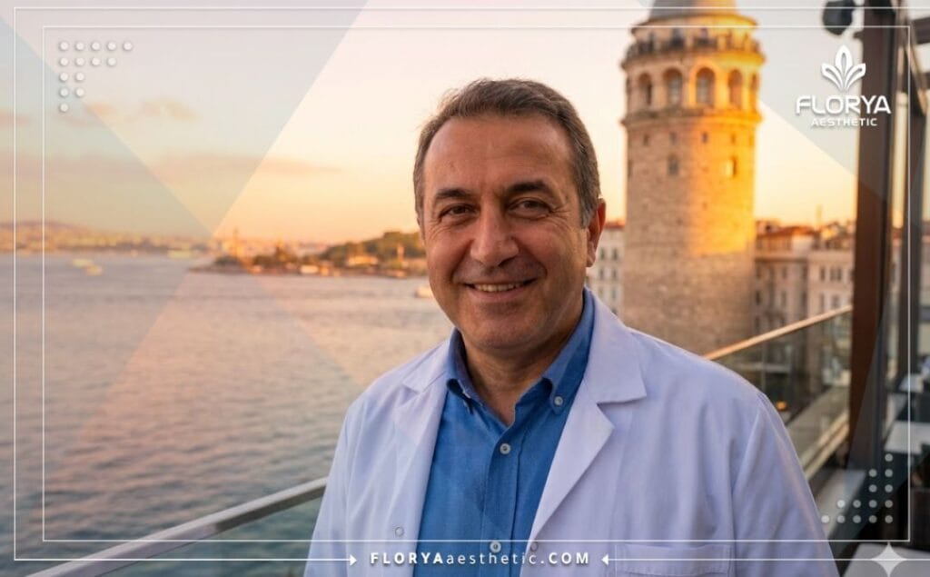 طبيب تجميل يبتسم ويرحب بالمرضى مع خلفية معالم اسطنبول الشهيرة.