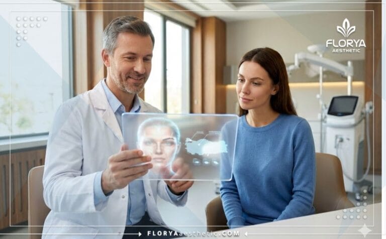 Médecin expliquant les Risques de la greffe de sourcils en Turquie avec une technologie numérique.