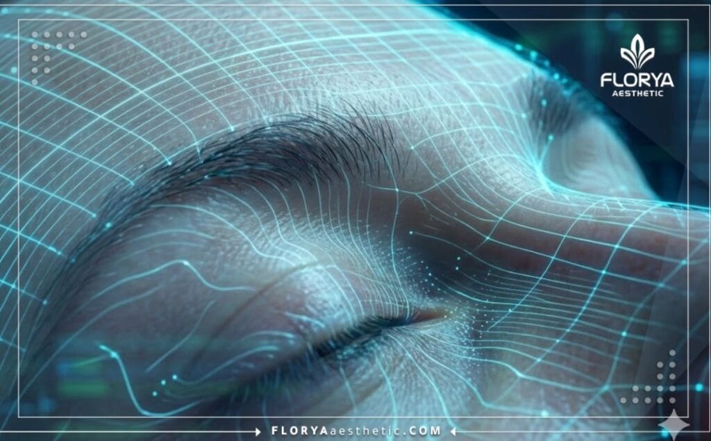 Futuristic 3D surface scan of the eyebrow and forehead area.