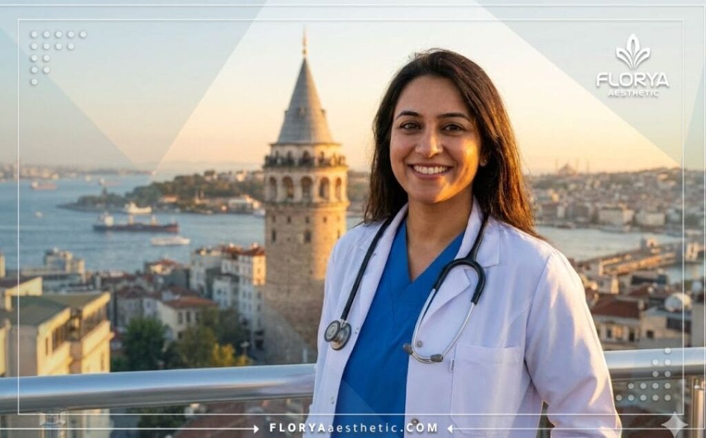 Friendly medical professional in Istanbul by the Galata Tower.