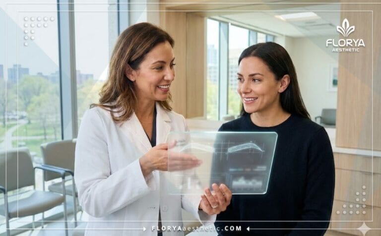 Doctor mostrando Opiniones de Injerto de Cejas en Turquía en una pantalla digital avanzada