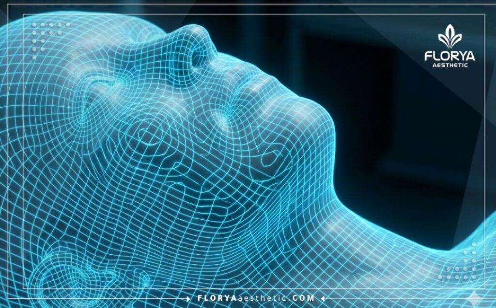 فحص رقمي ثلاثي الأبعاد لمنطقة الوجه والرقبة يظهر دقة التخطيط الجراحي.