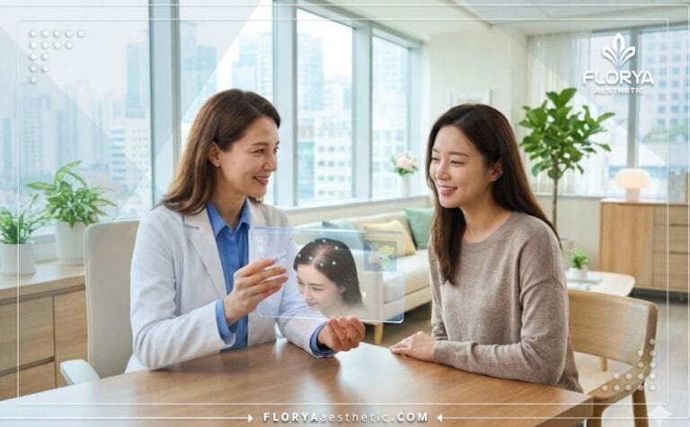 Doctor mostrando el plan digital de Injerto Capilar para Mujeres en Turquía