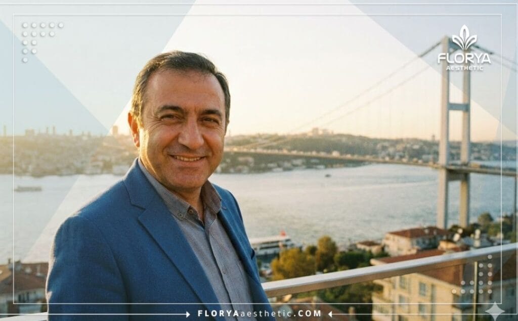 Приветливый врач на фоне Стамбула, ожидающий пациентов клиники.