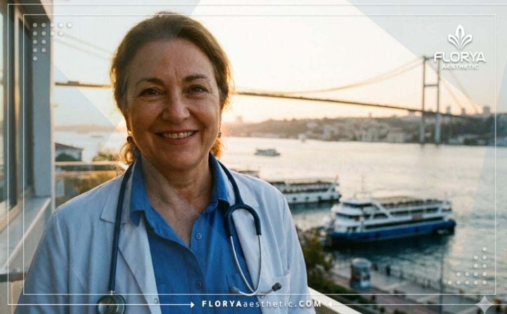 Médecin souriant accueillant les patients à Istanbul avec vue sur le Bosphore