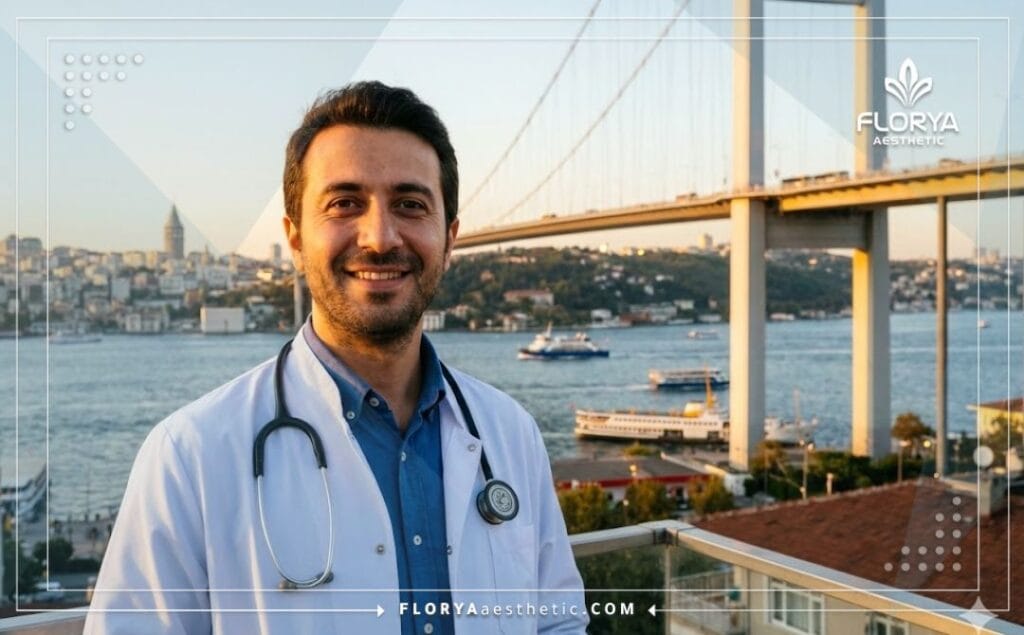 طبيب ودود يرحب بالمريض في اسطنبول مع خلفية البوسفور