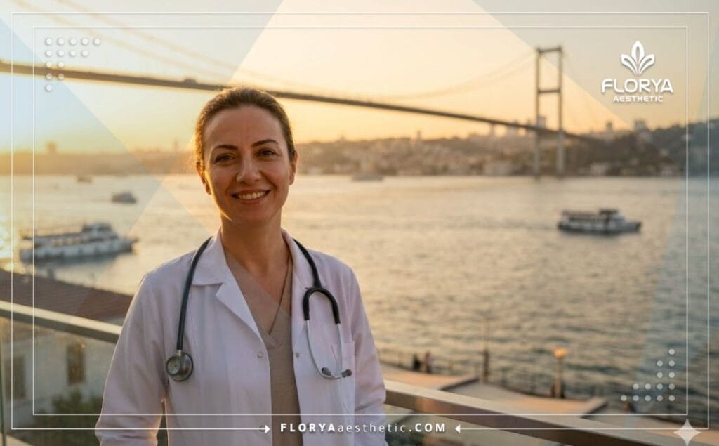 طبيب عيون مبتسم يرحب بالمرضى في اسطنبول مع خلفية جسر البوسفور