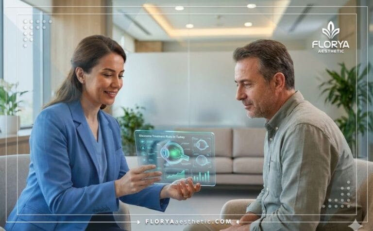 Médecin expliquant les Risques Traitement Glaucome Turquie sur une tablette numérique.