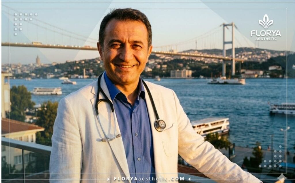 طبيب يبتعد ويرحب بالمرضى في اسطنبول مع خلفية جسر البوسفور