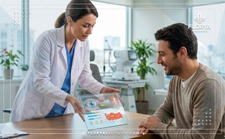 Médico explicando los Riesgos del tratamiento de la hipermetropía en Turquía utilizando tecnología digital avanzada.