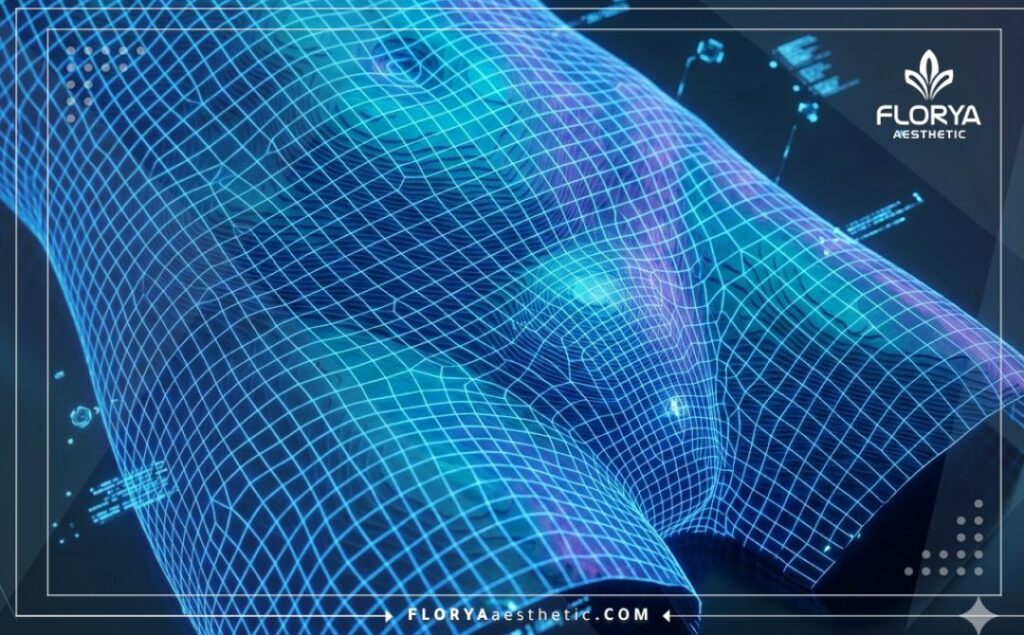 High-tech 3D macro scan of the urological anatomy with neon grid overlay.