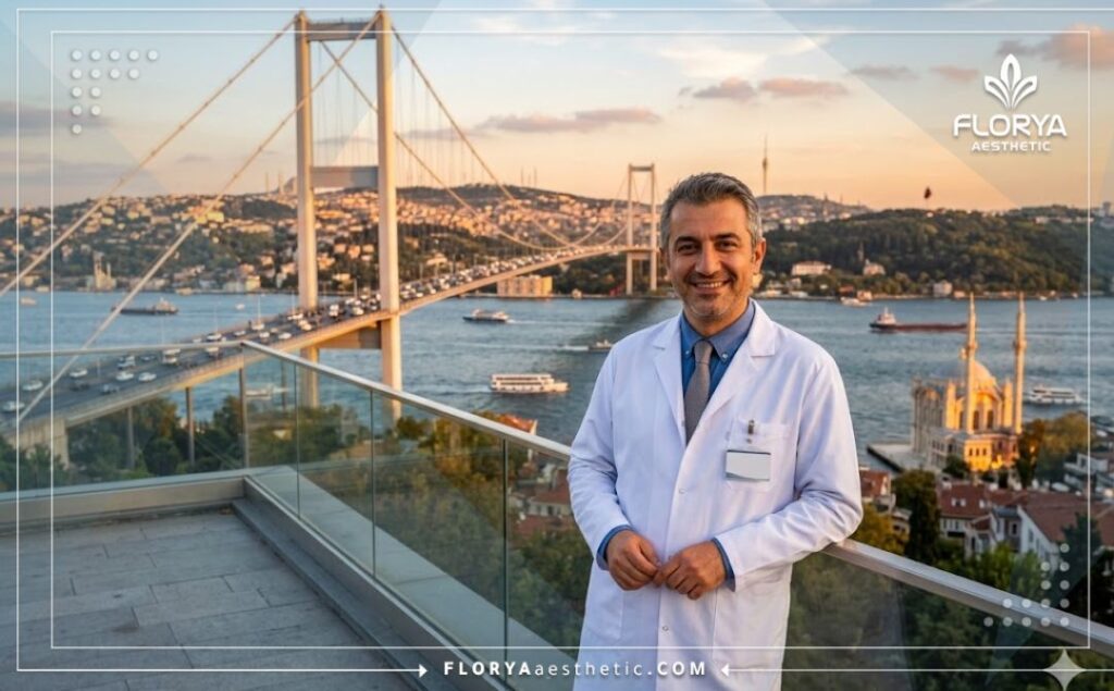 Friendly urology specialist smiling in front of the Bosphorus Bridge in Istanbul.