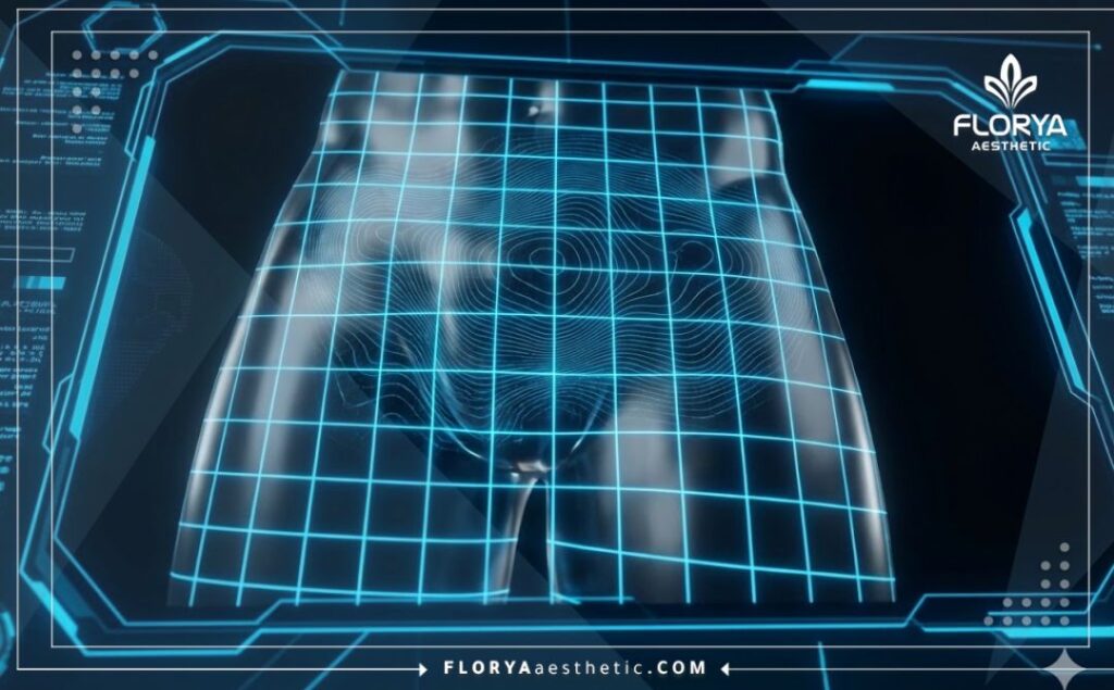 Высокотехнологичное 3D-сканирование поверхности, показывающее точность планирования мужской эстетики.