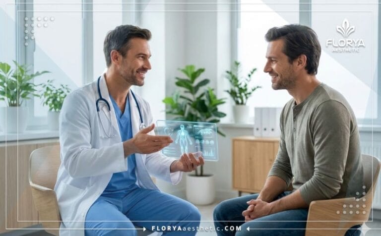 Médecin professionnel expliquant La pénoplastie est-elle douloureuse à l'aide d'une tablette numérique avancée.
