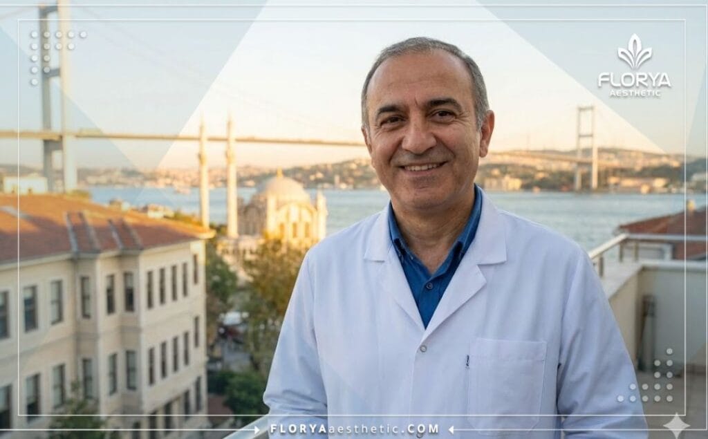 طبيب تجميل مبتسم يرحب بالمرضى في إسطنبول مع خلفية البوسفور.