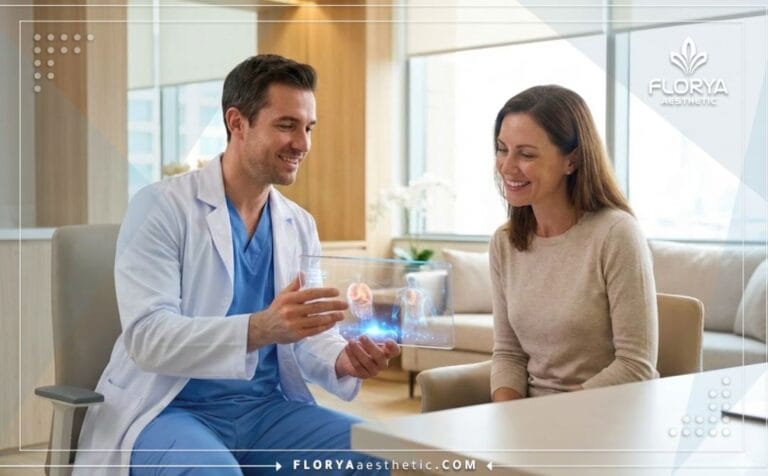 Médecin expliquant le plan de traitement pour la Liposuccion J-Plasma sur une tablette.