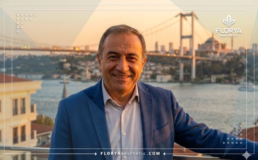 Friendly ophthalmologist in Istanbul with Bosphorus Bridge background welcoming patients