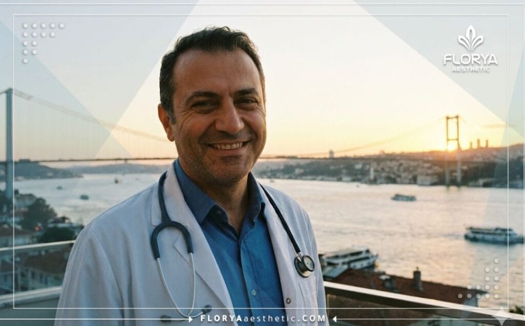 طبيب تجميل مبتسم يرحب بالمرضى في اسطنبول مع خلفية البوسفور.