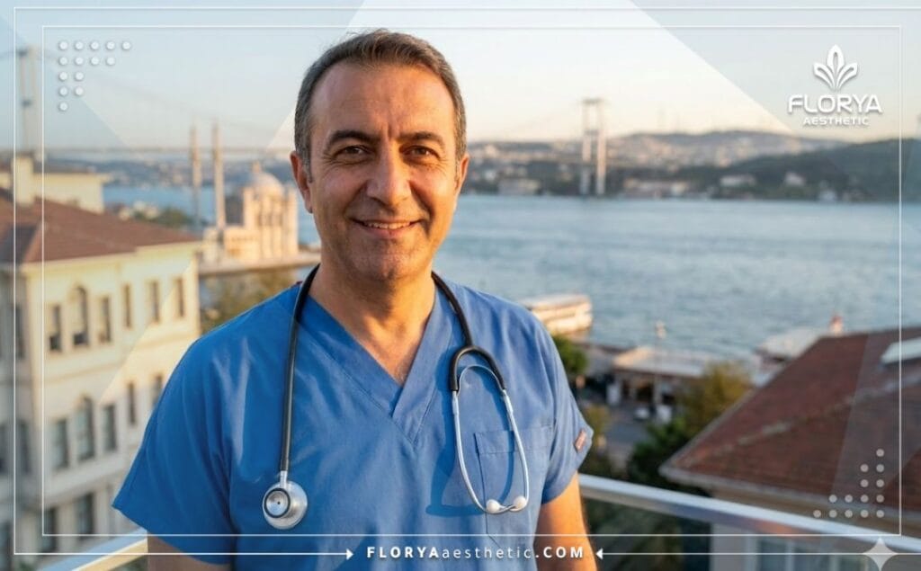 طبيب تجميل يبتسم معالم إسطنبول في الخلفية.
