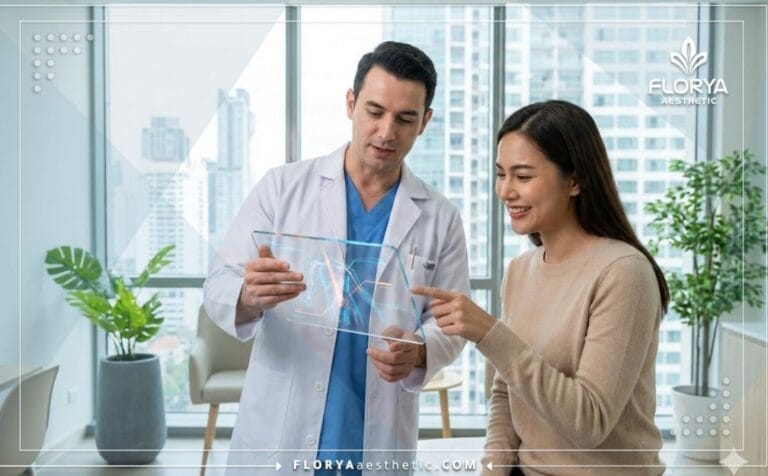 طبيب يشرح خطة شفط الدهون مع الحقن في تركيا للمريض عبر جهاز لوحي متطور