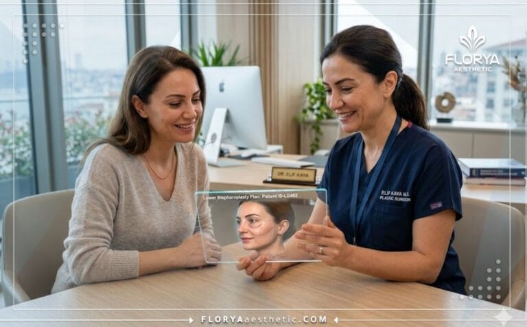 Chirurgien expliquant la Blépharoplastie inférieure en Turquie sur tablette numérique.