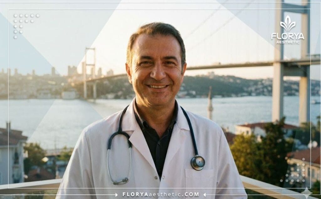 طبيب تجميل يبتسم مع خلفية جسر البوسفور في اسطنبول لاستقبال المرضى
