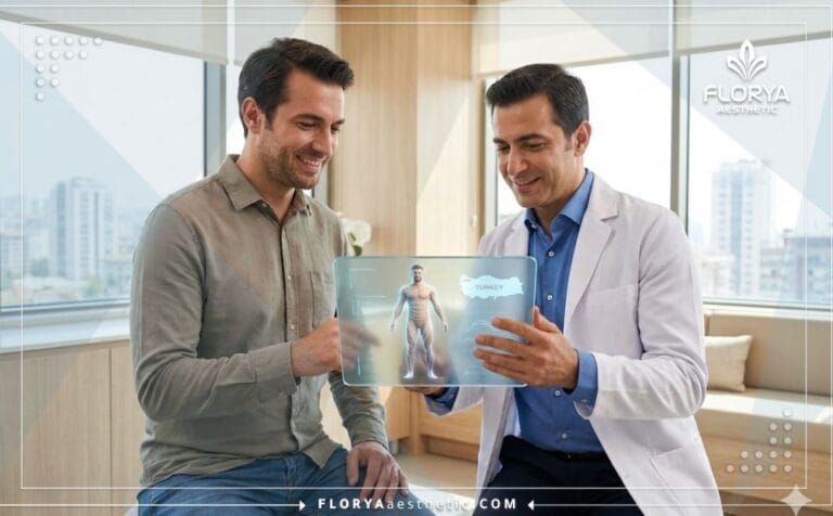 Médecin montrant le plan de Remodelage Corporel Homme en Turquie sur tablette