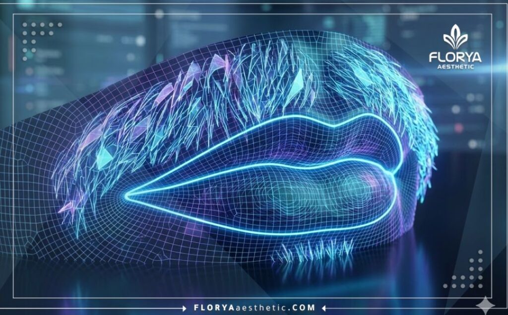 High-tech 3D macro surface scan of the upper lip and mustache area.