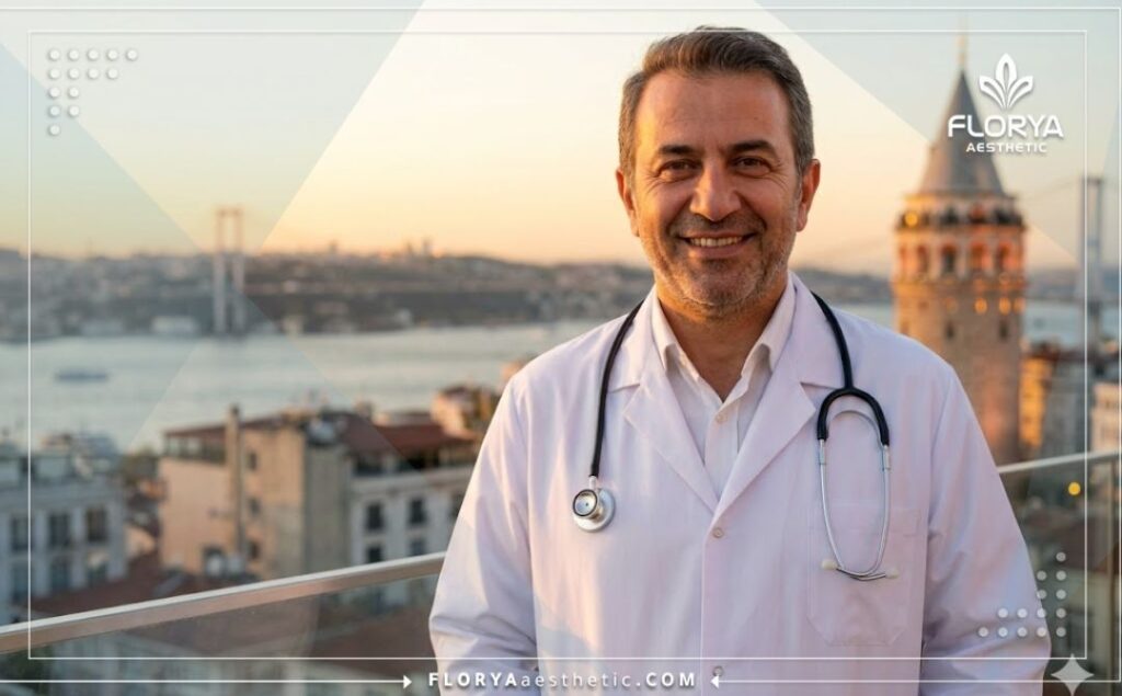 Friendly medical specialist welcoming a patient with Istanbul in the background.