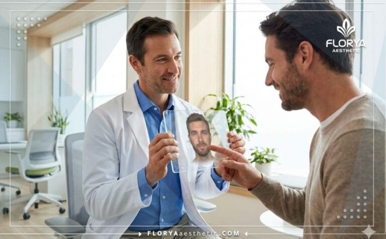 Médico profesional mostrando un plan digital de Trasplante de Bigote en Turquía en una tableta