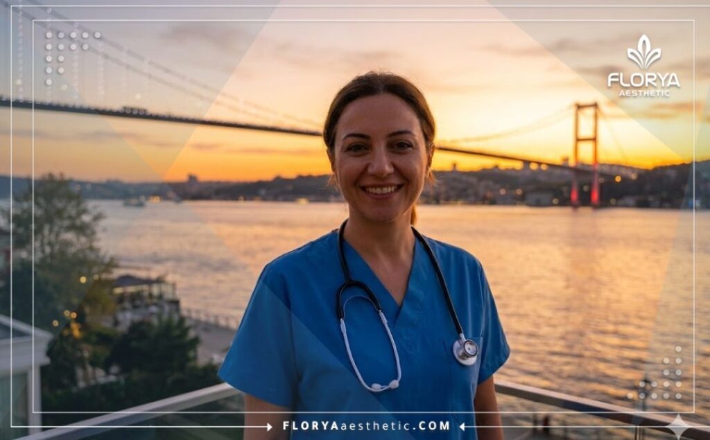 Chirurgien esthétique souriant avec vue sur Istanbul
