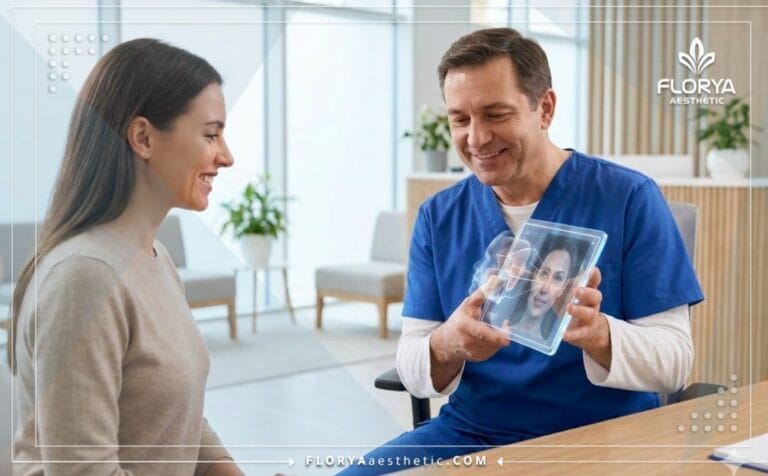 Un doctor profesional mostrando el plan digital de Mi experiencia con la blefaroplastia en Turquía en una tableta.