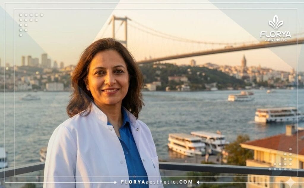 Doctor amable sonriendo con el fondo de Estambul al atardecer