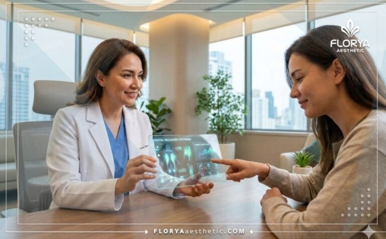 Docteur professionnel expliquant Mon expérience de liposuccion du ventre en Turquie sur une tablette numérique.