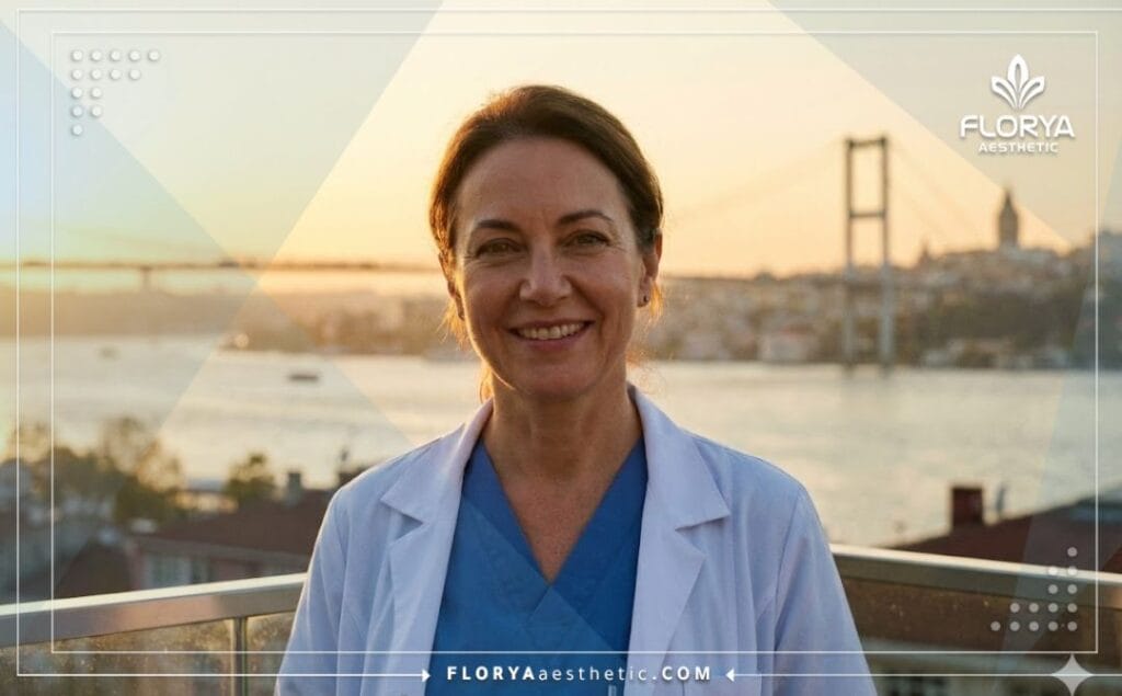 Cirujano sonriente con el puente del Bósforo de Estambul de fondo durante el atardecer.