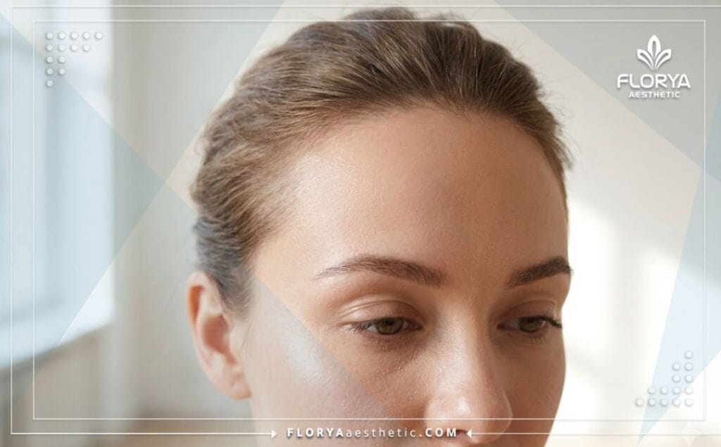 Primer plano cinematográfico del resultado perfecto y estético de la frente.