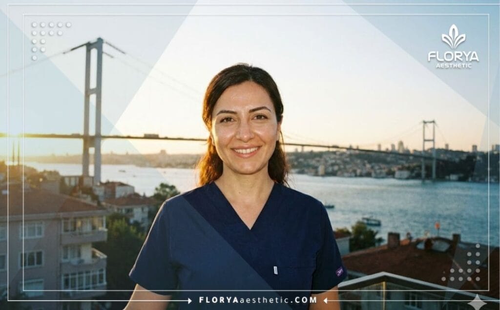Médico sonriente con el puente del Bósforo de Estambul de fondo.