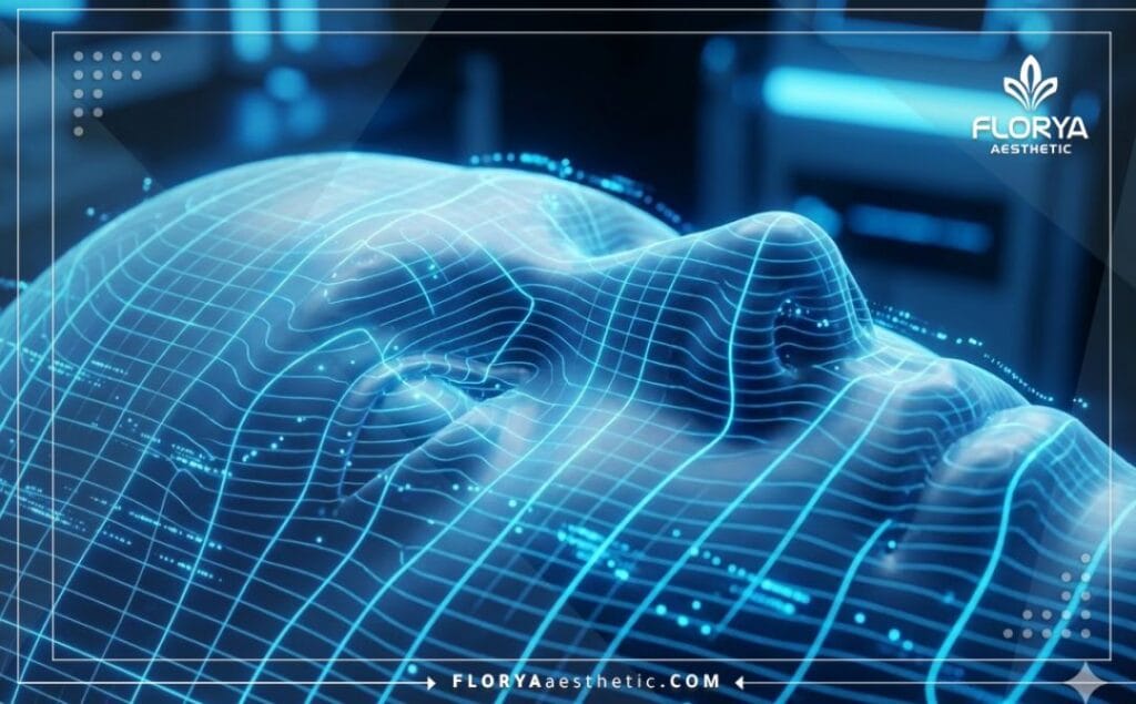 Escaneo 3D macro de alta tecnología enfocado en la zona superior del rostro